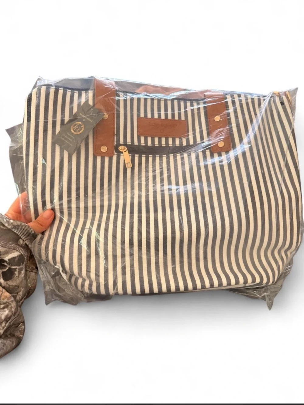kathy ireland Navy & White Striped Tote with Brown Handles